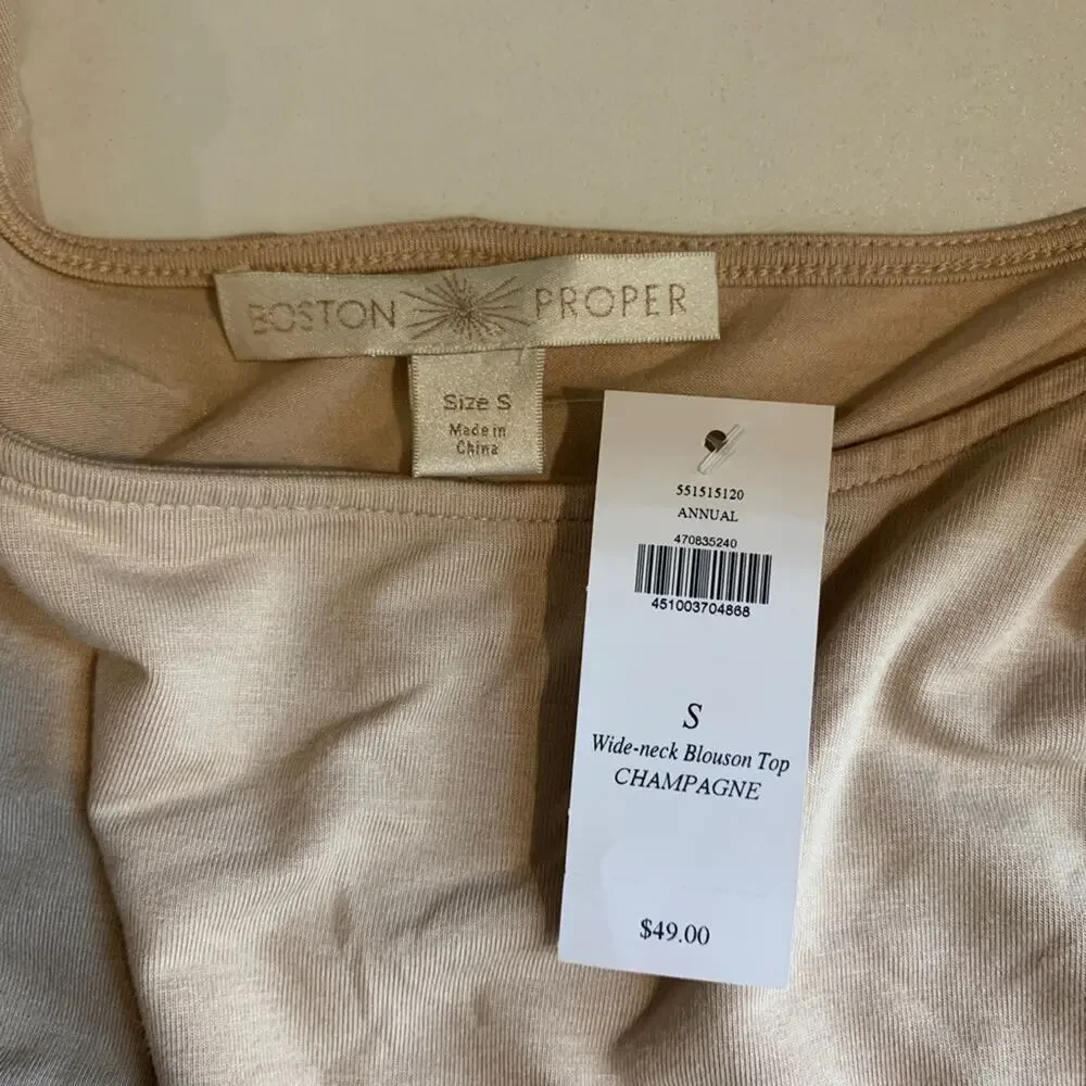 Boston Proper Top Womens S Small Champagne Wide Neck Blouson Ruched Long Sleeve - Picture 7 of 11